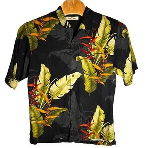 Tommy Bahama Shirt Mens L Black Silk Tropical Bird of Paradise Camp Button Up